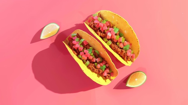 a pink table with a yellow plate of food that says  tasty