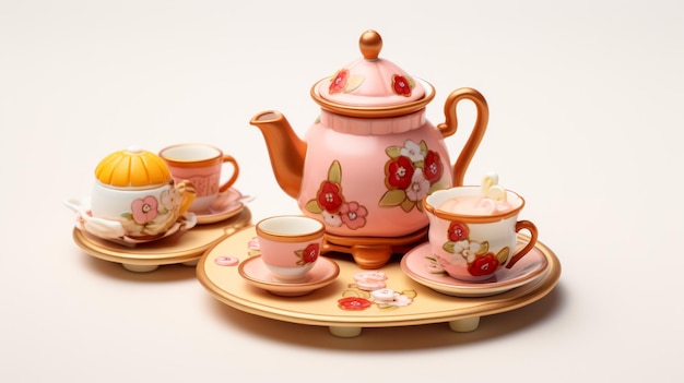 A pink tea set arranged delicately on a wooden tray