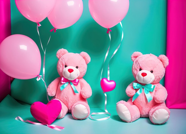 Pink teddy bear with balloons on a turquoise background Generative AI