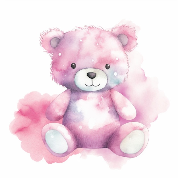 A pink teddy bear with pink and purple paint.