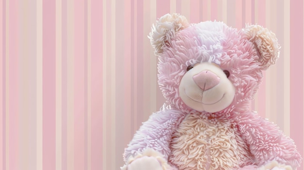 Photo pink teddy bear with a pink and white striped background