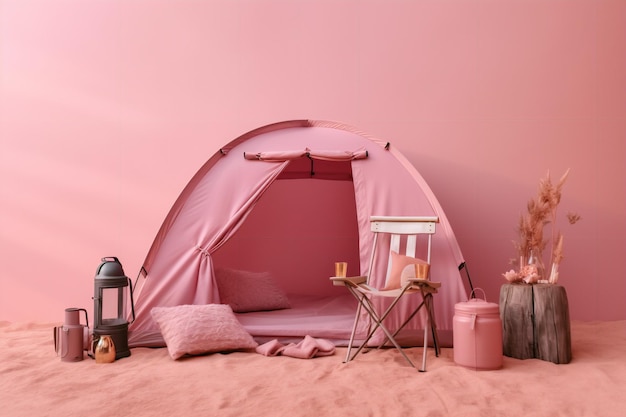 A pink tent set up in a desert with a lamp and a lamp.