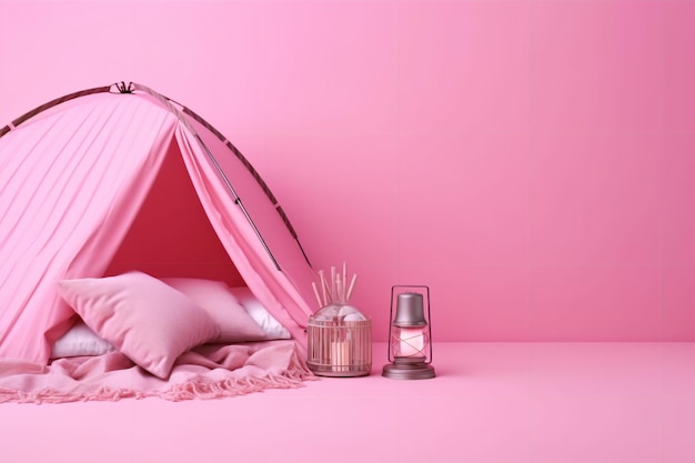 A pink tent with a lantern and a lamp on the table.