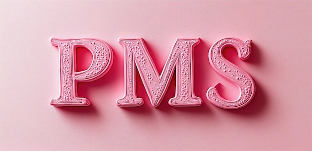 Photo pink text spelling pms on a soft pastel pink background with embossed texture