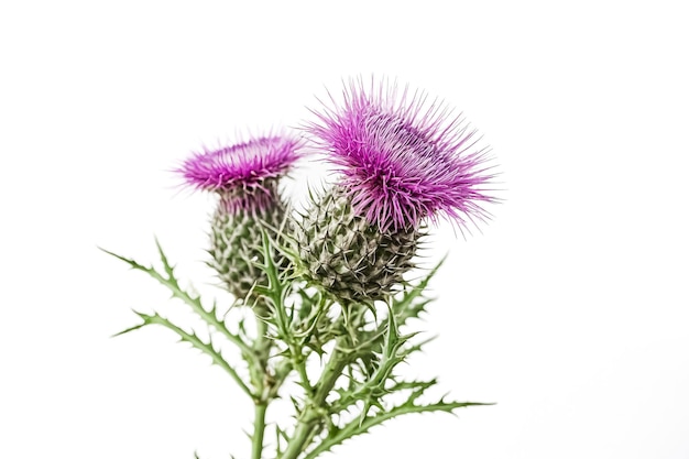 Pink Thistle Flowers with Thorns Isolated on White Background