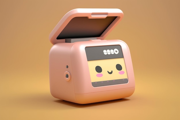 A pink toaster with a smiling face.