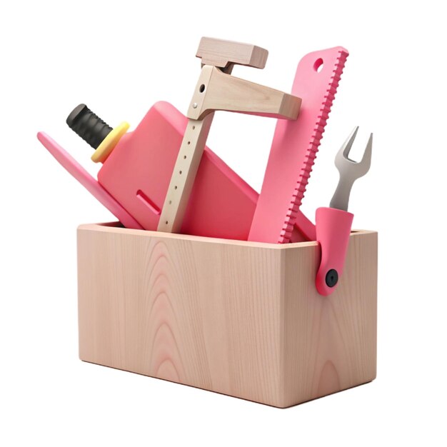 a pink tool box with a wooden handle and a screwdriver in it