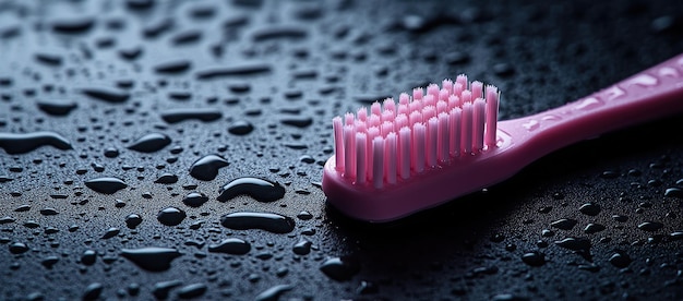 A pink toothbrush lying on a black surface