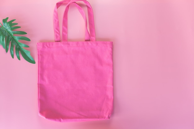 Pink tote bag canvas fabric, Cloth shopping sack mockup,eco concept.