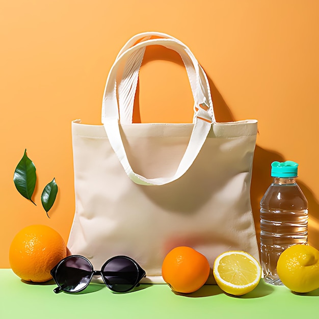 a pink tote bag with lemons water bottles sunglasses and an orange bags summer vibrance