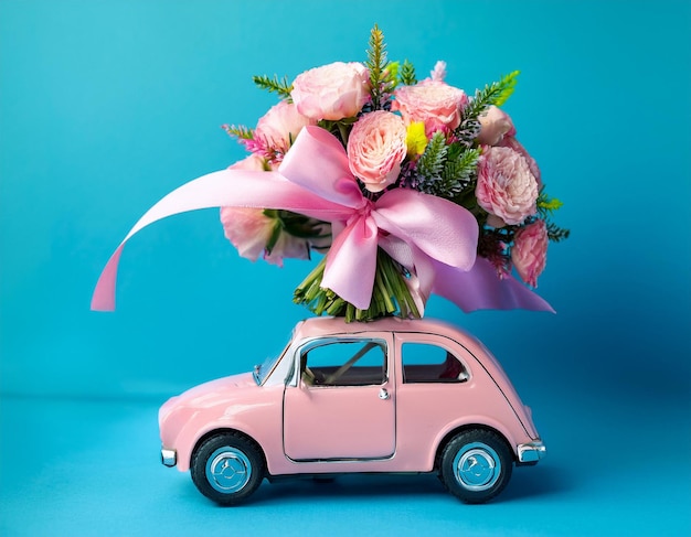 Photo pink toy car delivering pink rose flower with ribbon and pink background