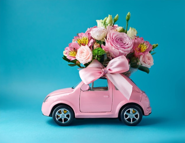 Pink toy car delivering pink rose flower with ribbon and pink background