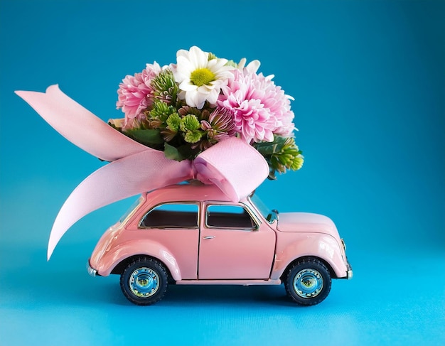 Pink toy car delivering pink rose flower with ribbon and pink background