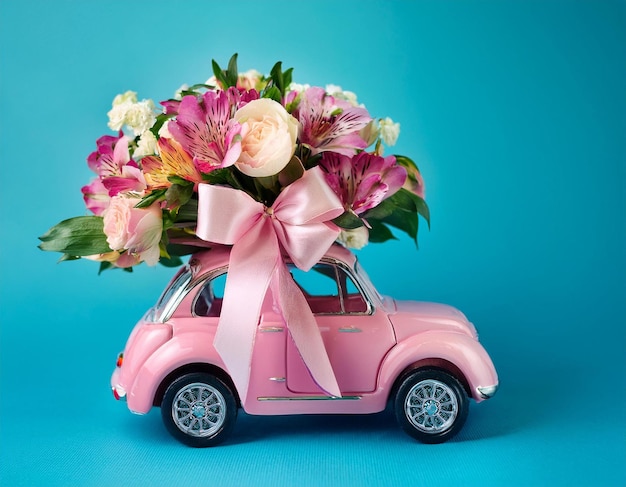 Photo pink toy car delivering pink rose flower with ribbon and pink background