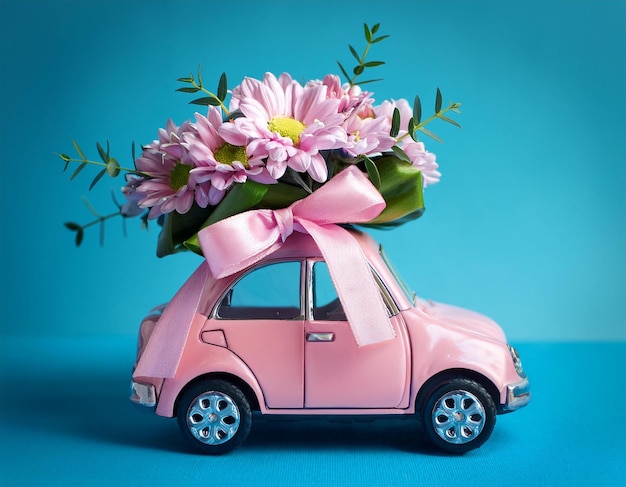 Pink toy car delivering pink rose flower with ribbon and pink background