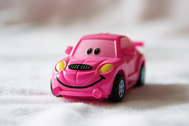 Photo a pink toy car featuring a friendly smiley face highlighted on a white backdrop