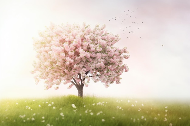 A pink tree in a field with birds flying around it