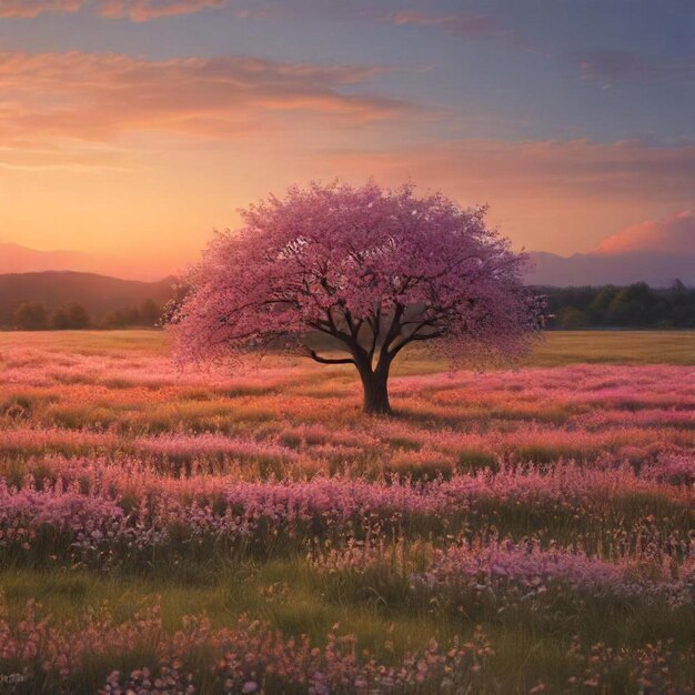 a pink tree in a field with purple flowers