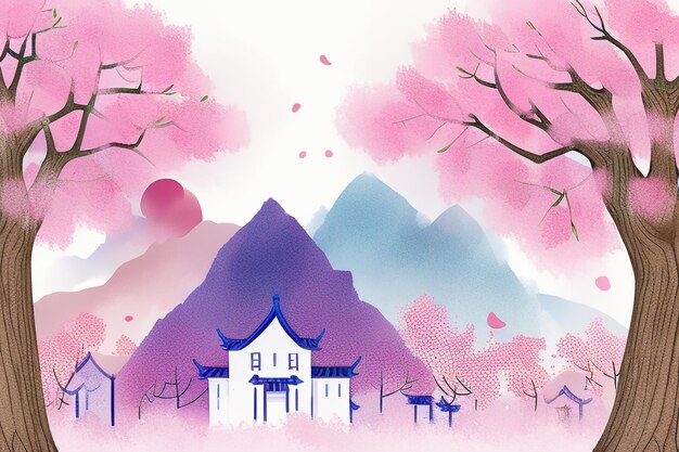 Pink tree house mountain sunset chinese watercolor abstract art wallpaper background illustration