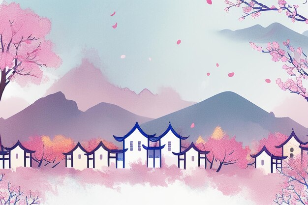 Pink tree house mountain sunset chinese watercolor abstract art wallpaper background illustration