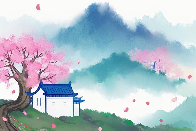 Photo pink tree house mountain sunset chinese watercolor abstract art wallpaper background illustration