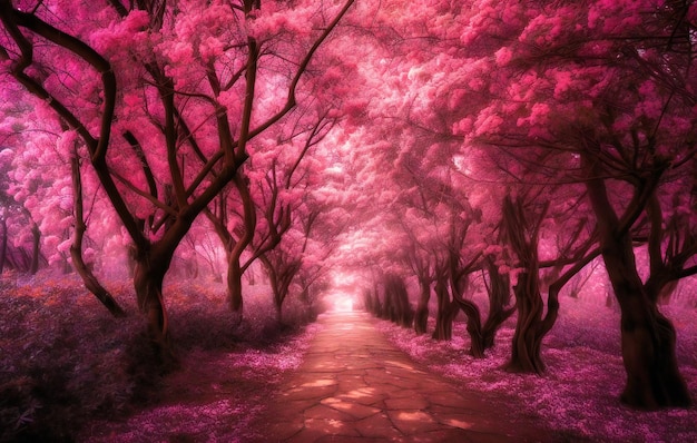 A pink tree lined walkway in bloom