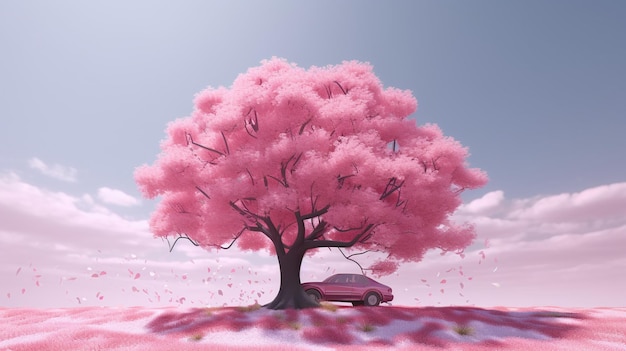 A pink tree with a car in the background