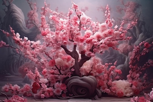 A pink tree with flowers in the middle