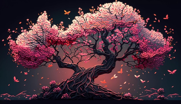 A pink tree with leaves and flowers on it