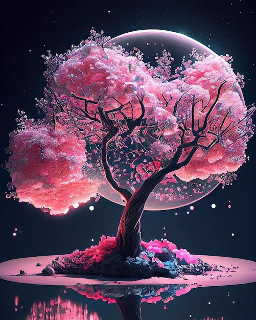 A pink tree with the moon in the background