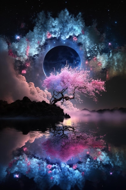 A pink tree with the moon in the background