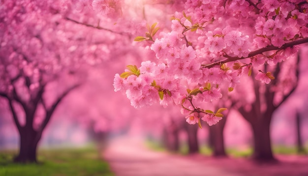 a pink tree with a pink background and a path that has a pink flower on it