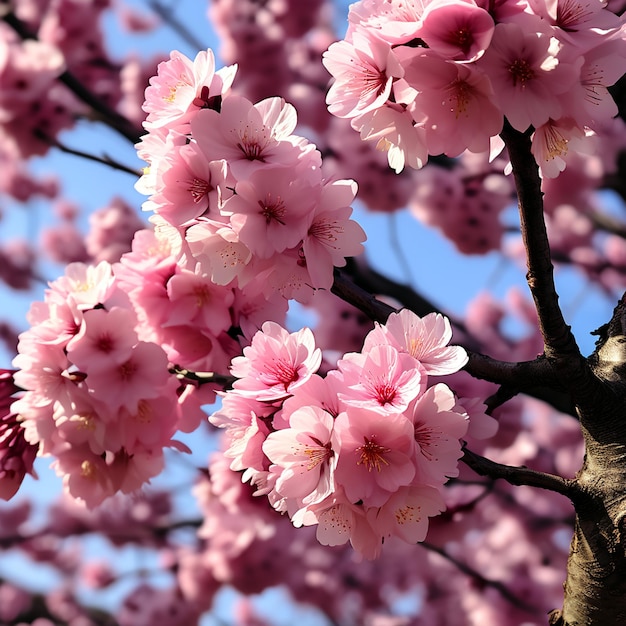 a pink tree with pink flowers and a blue sky behind it