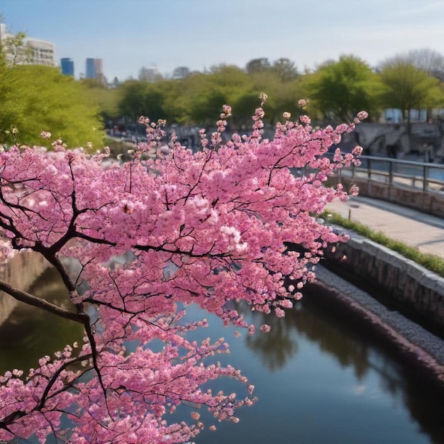 Photo a pink tree with pink flowers in front of a bridge