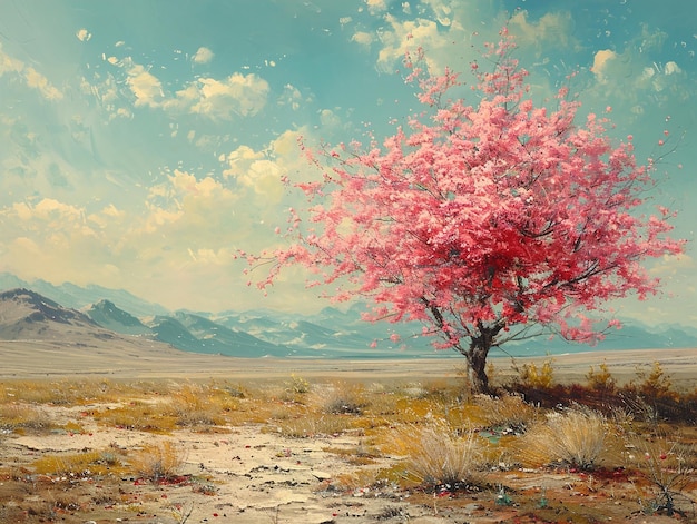 a pink tree with pink leaves in a field