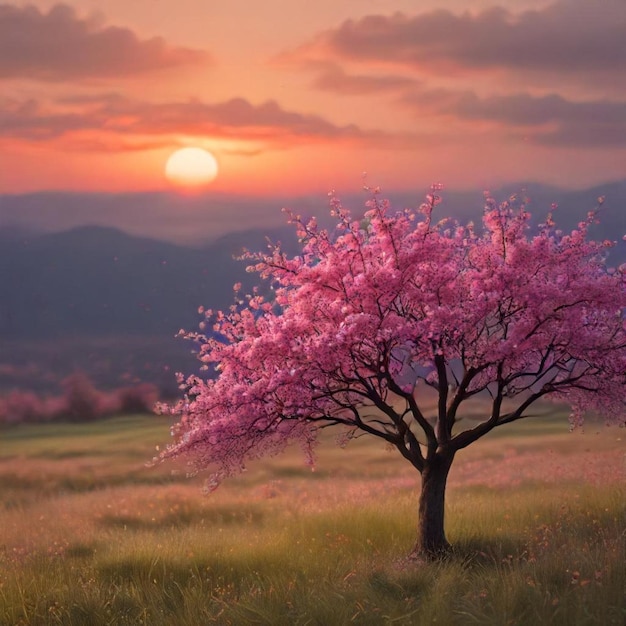 Photo a pink tree with a sunset in the background