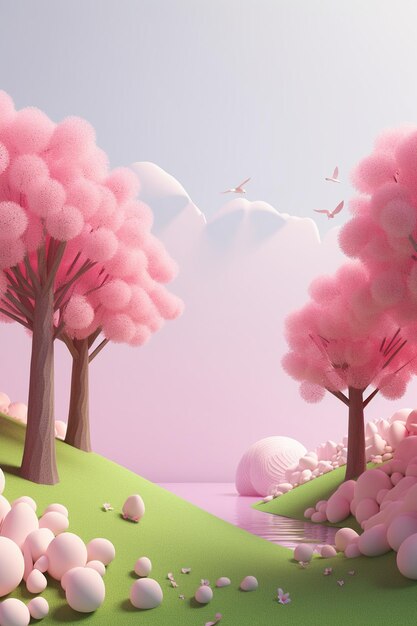 Pink trees in the forest with a mountain in the background