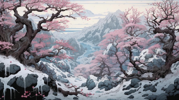 Pink Trees in Snow Serene Landscape Painting of Winter Scene Generative AI