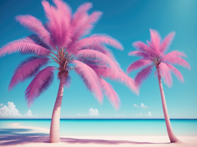 Photo pink tropical palm tree in duotone style on a blue background 3d rendering