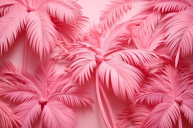 Pink tropical paper palm trees on a pink background Generated by artificial intelligence