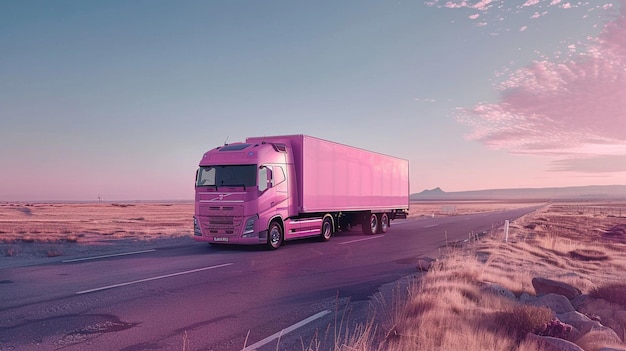 A pink truck on a highway