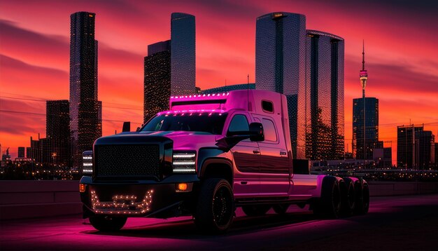 A pink truck with the word truck on the front