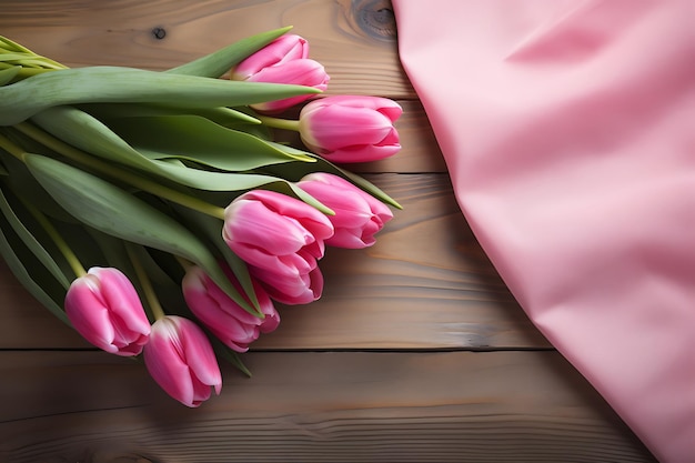 Pink tulip bouquet on wooden table a gift of love generated