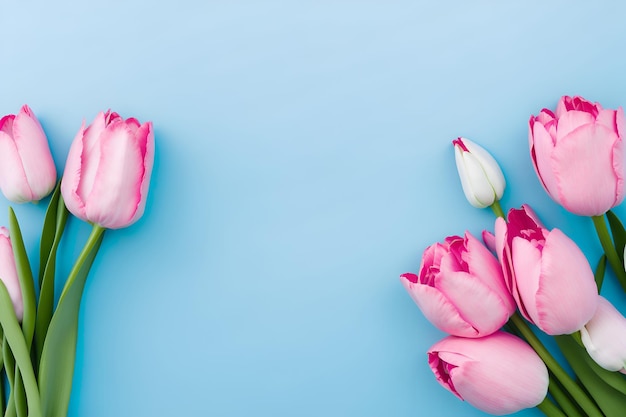 Pink tulip flowers on a blue background