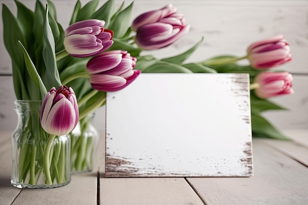 Pink tulip flowers bouquet on white wooden table Flat lay with copy space generated by AI