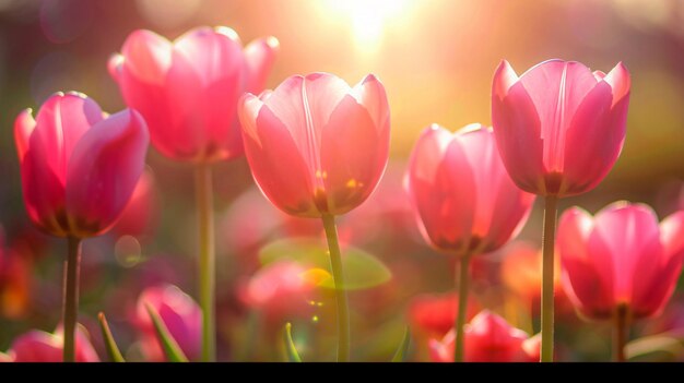 a pink tulip with the sun behind it