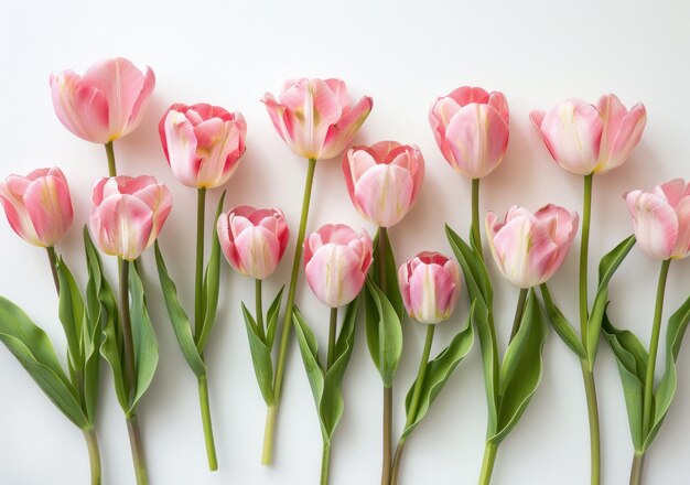 Pink tulips arranged in a beautiful pattern on a white background showcasing their delicate petals and green stems