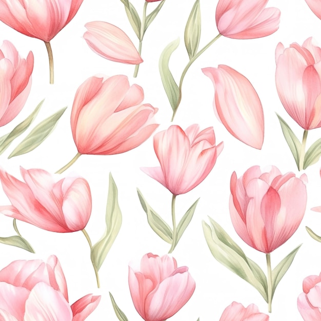 A pink tulips background with green leaves and flowers.