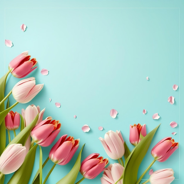 Pink tulips on a blue background with petals.