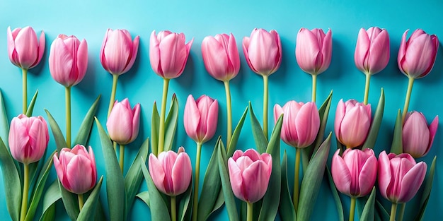 Pink tulips on blue background